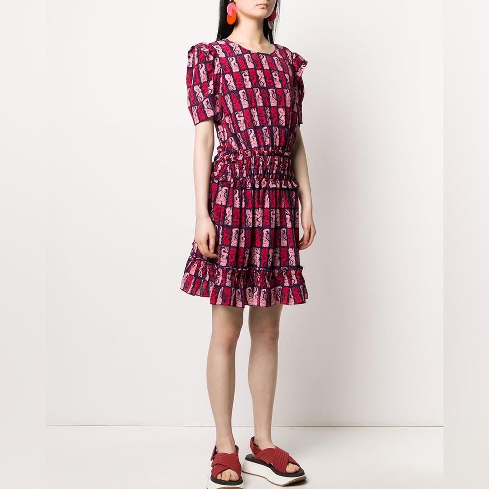 KENZO Printed Silk Blouson Dress, Navy, size 42